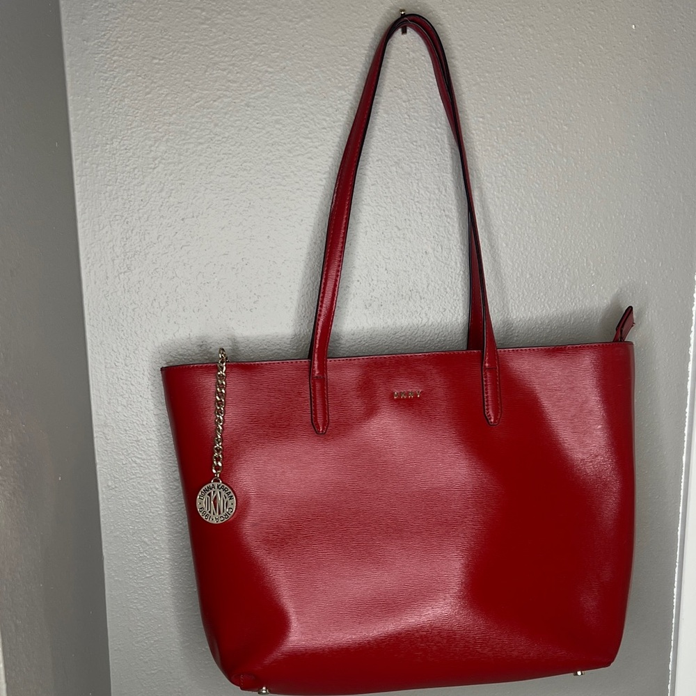DKNYC Bryant Red Leather Tote with Chain Accent